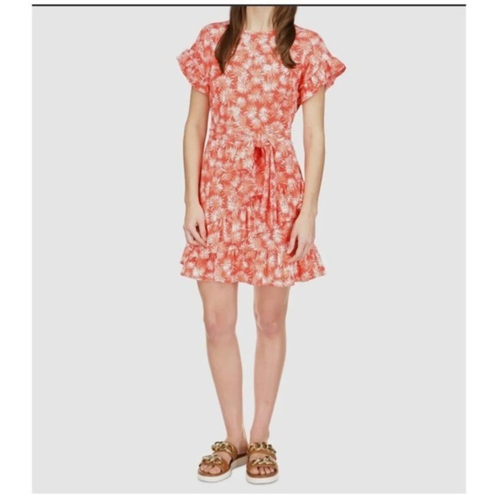 Michael Kors Ruffle Wrap Floral Orange Mini Dress‎ Sz XS Cottage Prairie V-Neck
